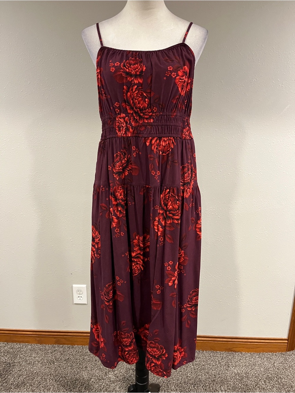 Old Navy Burgundy Midi Dress with Red Floral Print size large